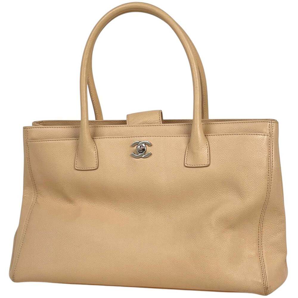 CHANEL Beige Leather Tote Bag with Silver Hardware